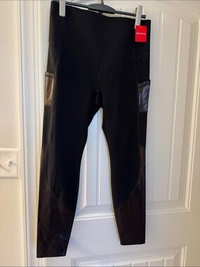 NWT SPANX Black Leggings with Faux-Leather Panels
